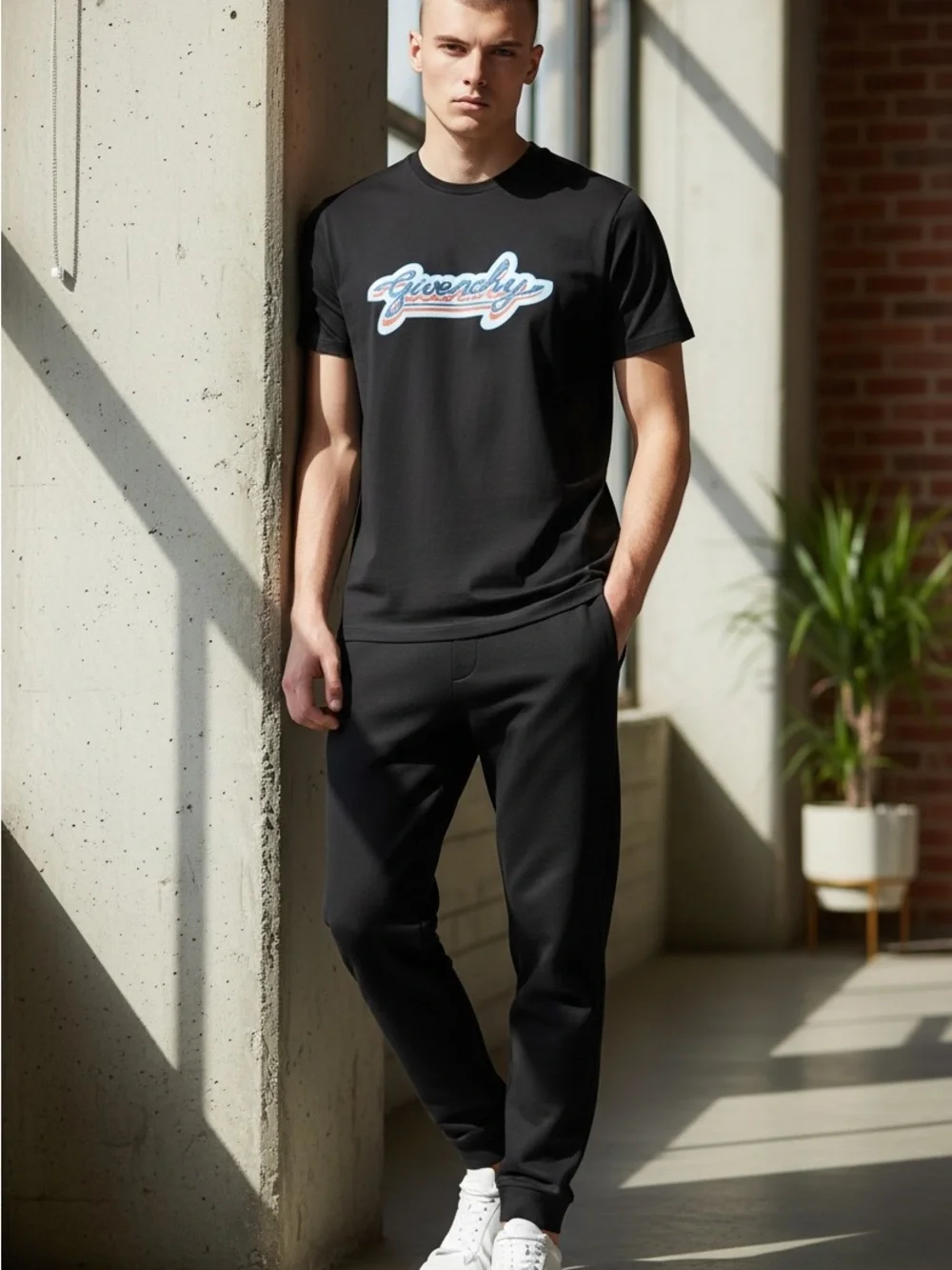 Givenchy Black Crewneck T-Shirt with Blue and Red Script Logo